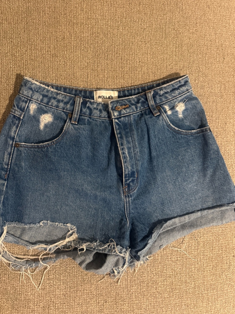ROLLA'S Medium Blue Distressed high rise shorts